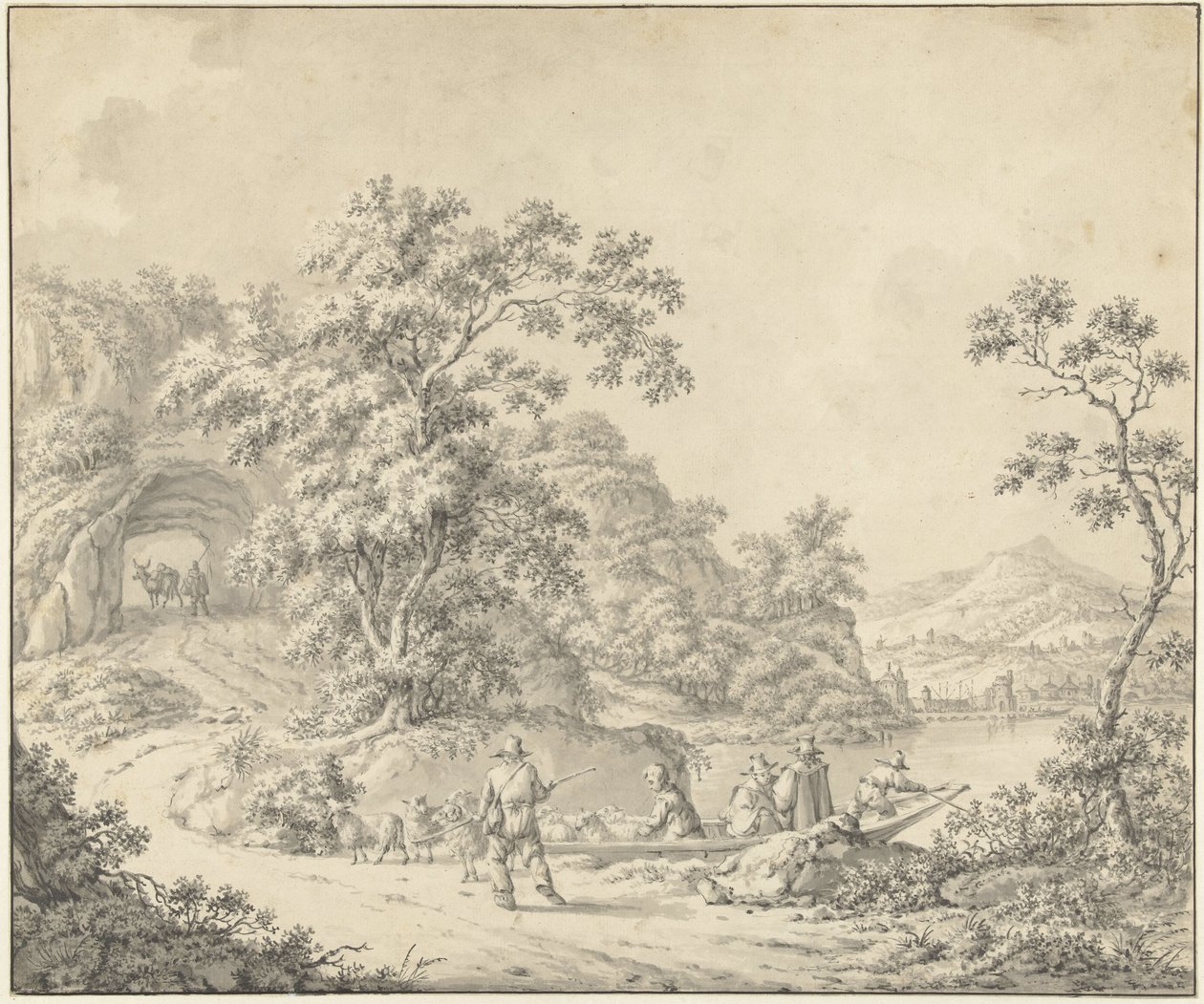 Paisaje con una barca en la que un pastor con su rebaño de Jurriaan Andriessen (attributed to)