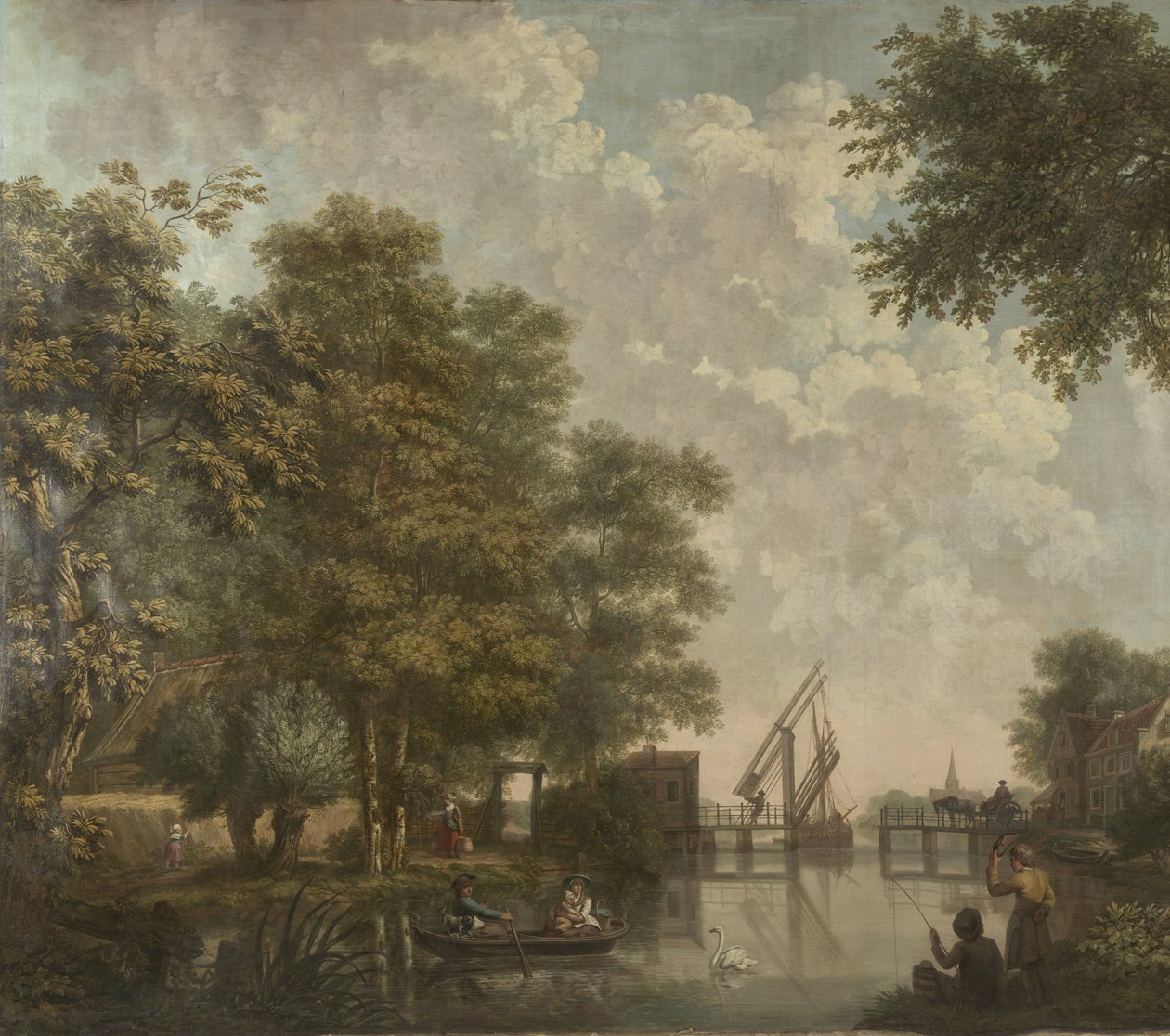 Tres tapices con un paisaje holandés Pintura de papel pintado de un paisaje holandés con un puente abierto Tres pinturas de papel tapiz de un paisaje holandés de Jurriaan Andriessen (attributed to)