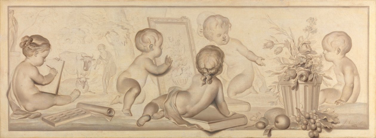 Seis Putti con flores y frutas y Atributos del arte del dibujo de Jurriaan Andriessen (signed by artist)