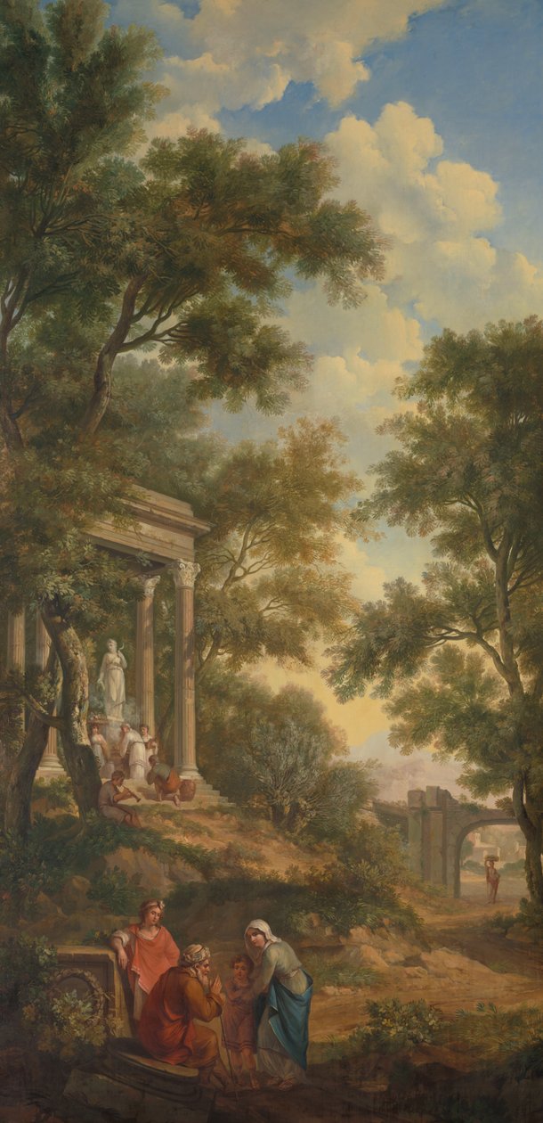 Paisaje arcádico con un templo a la izquierda y un anciano sentado en primer plano de Jurriaan Andriessen