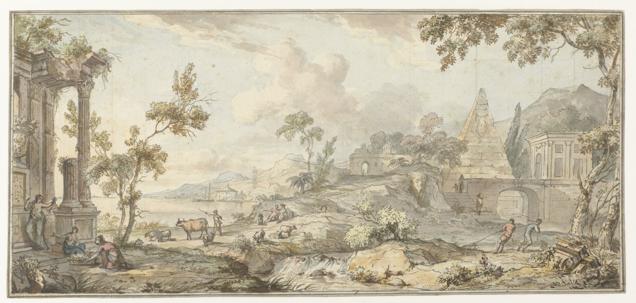 Diseño para un cuadro de habitación con paisaje costero del sur y pirámide de Jurriaan Andriessen