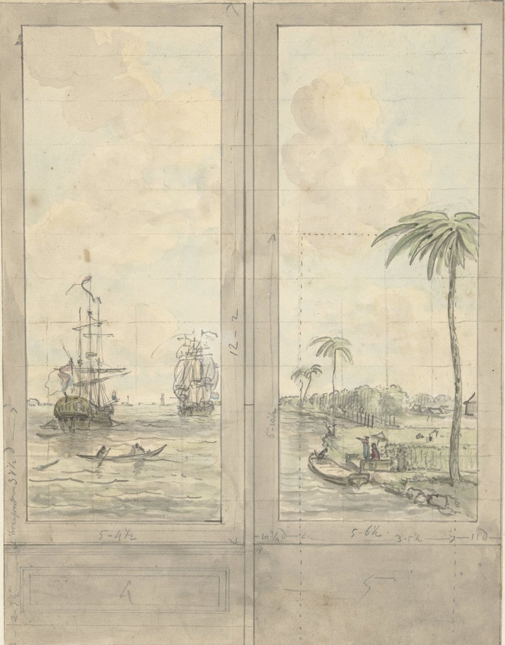 Diseño para dos papeles pintados: río con barcos en las colonias de Jurriaan Andriessen