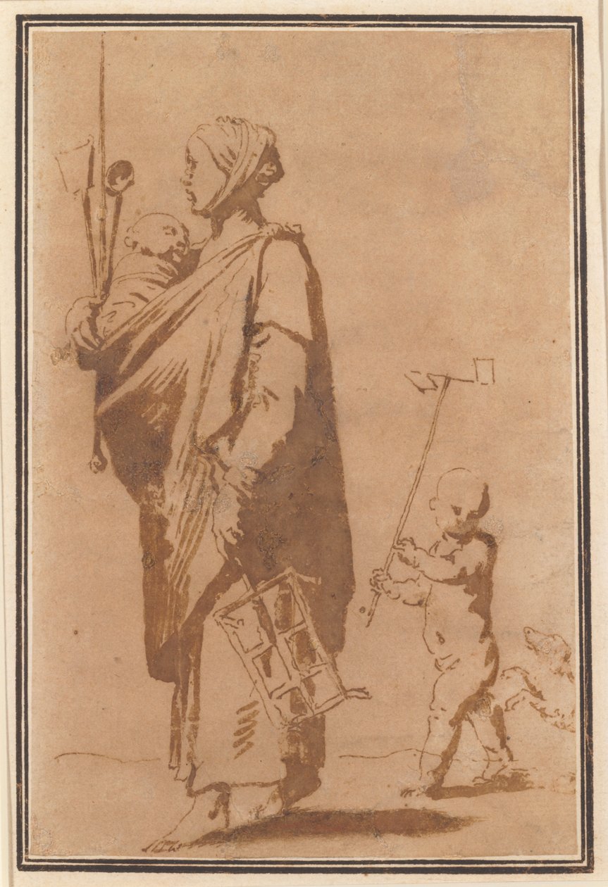 Una madre llevando a un niño y utensilios de cocina, seguida por un niño y un perro de Jusepe de Ribera