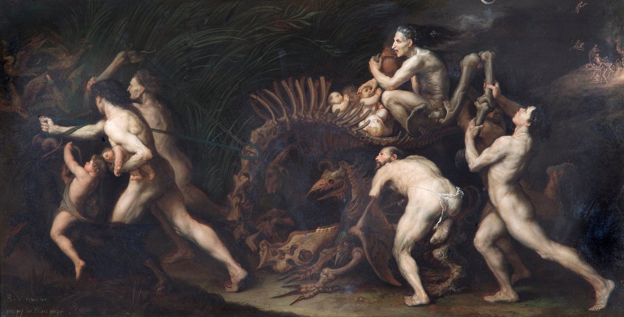 La Carcasse: una bruja siendo dibujada en el esqueleto de un monstruo, siglo XVII de Jusepe de Ribera
