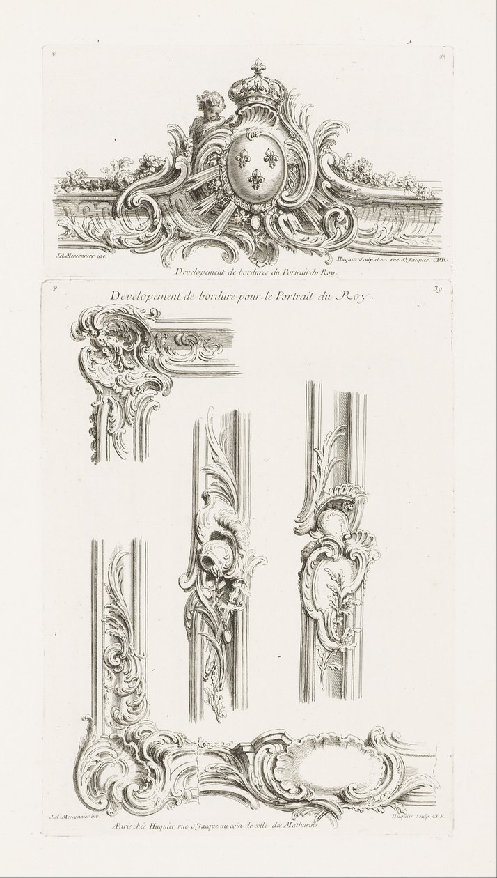 Diseño de cartucho con las armas del rey centradas en un borde de Juste Aurèle Meissonnier
