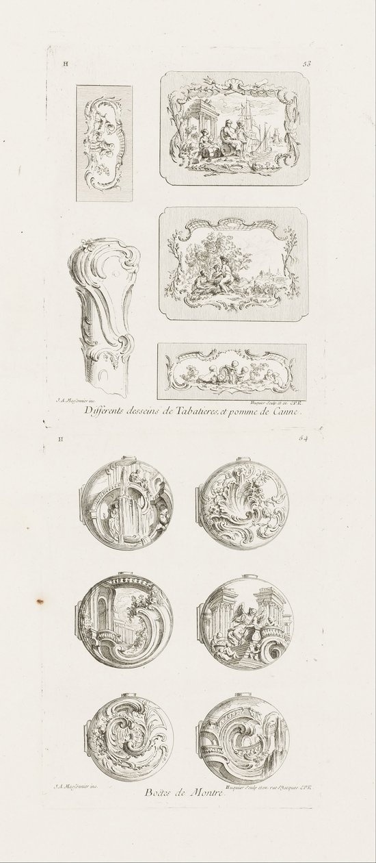 Diferentes diseños de tabaqueras y pomo de bastón, quinta plancha de Juste Aurèle Meissonnier