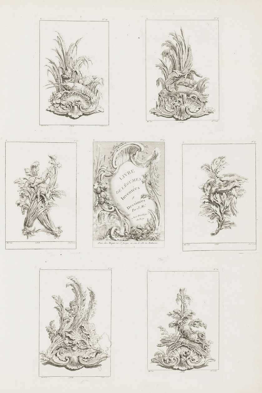 Diseño de ornamento con motivo de cangrejo de río, pl. 14 en Livre des Légumes (Serie de ornamento vegetal) de Juste Aurèle Meissonnier