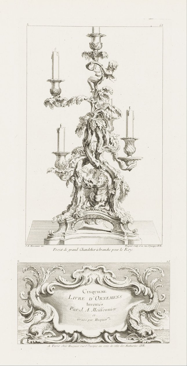 Proyecto de gran candelabro a rama para el Rey, candelabro a cinco ramas con un dragón, 2da Pl... de Juste Aurèle Meissonnier