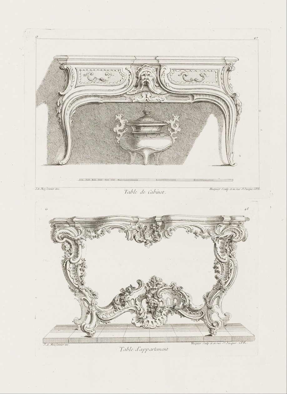 Mesa de Gabinete, 6ª Placa (Estudio para una Mesa), pl. 47 en Oeuvre de Juste-Aurèle Meissonnier de Juste Aurèle Meissonnier