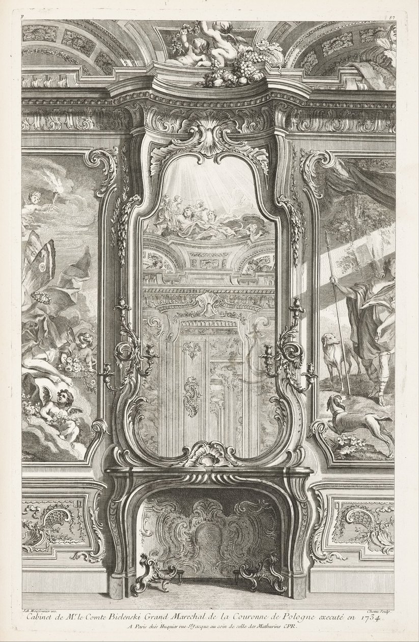Gabinete del Sr. Conde Bielenski Gran Mariscal de la Corona de Polonia ejecutado en 1734; Chimenea con espejo, con a cada lado una parte del panel de apoyo y pinturas, 1ra plancha de Juste Aurèle Meissonnier