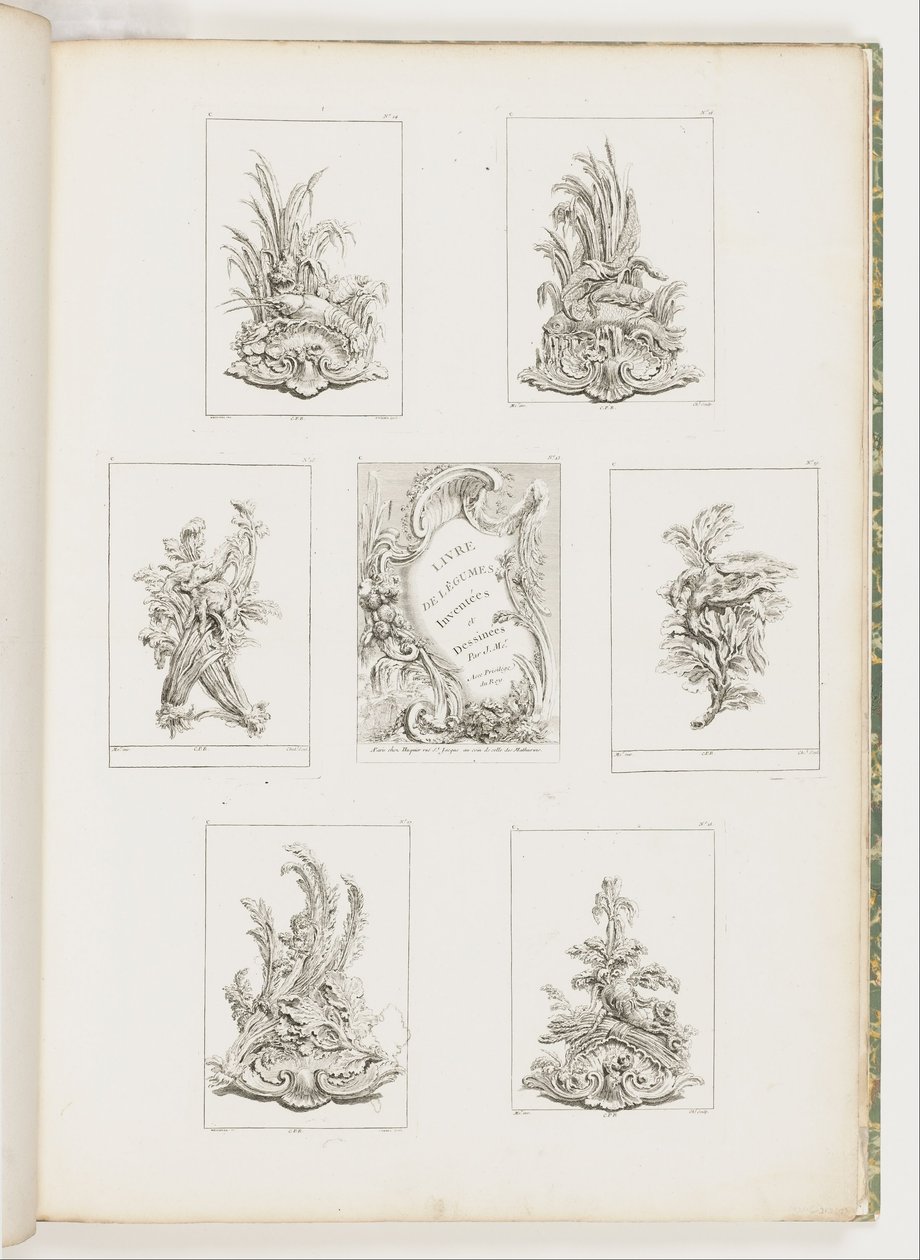 Diseño de ornamento con motivo de cangrejo de río, pl. 14 en Livre des Légumes (Serie de ornamento vegetal) pl. i de Juste Aurèle Meissonnier