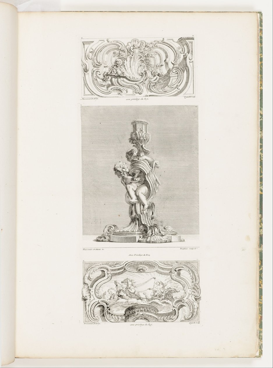 Panel ornamental con fuente de concha flanqueada por guirnaldas y volutas, pl. 22 en Oeuvre de Juste-Aurèle de Juste Aurèle Meissonnier