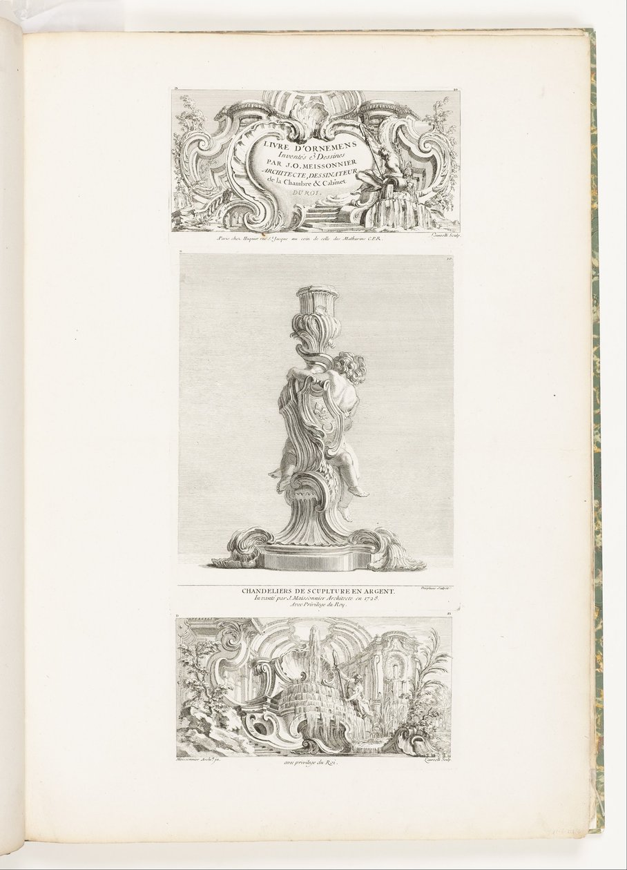 Libros de ornamentos inventados y diseñados por J.A. Meissonnier arquitecto, dibujante de la Cámara y Gabinete del Rey, pl. 20 en Oeuvres de Juste-Aurèle Meissonnier de Juste Aurèle Meissonnier