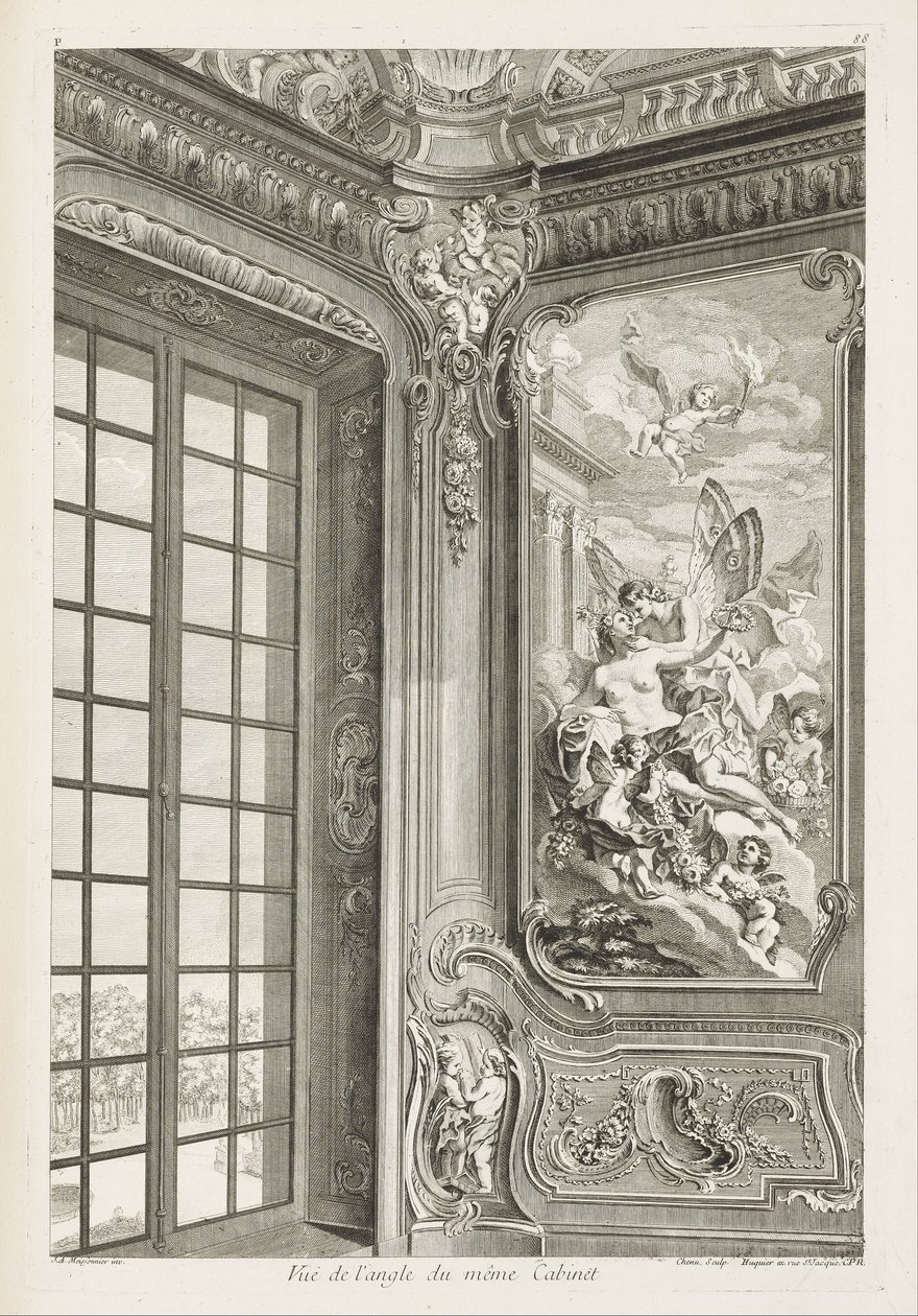 Vista del ángulo del mismo gabinete; Vista del ángulo del mismo gabinete, mostrando a la izquierda una gran ventana y a la derecha el cuadro de Zéfiro y Flora, 2da plancha de Juste Aurèle Meissonnier