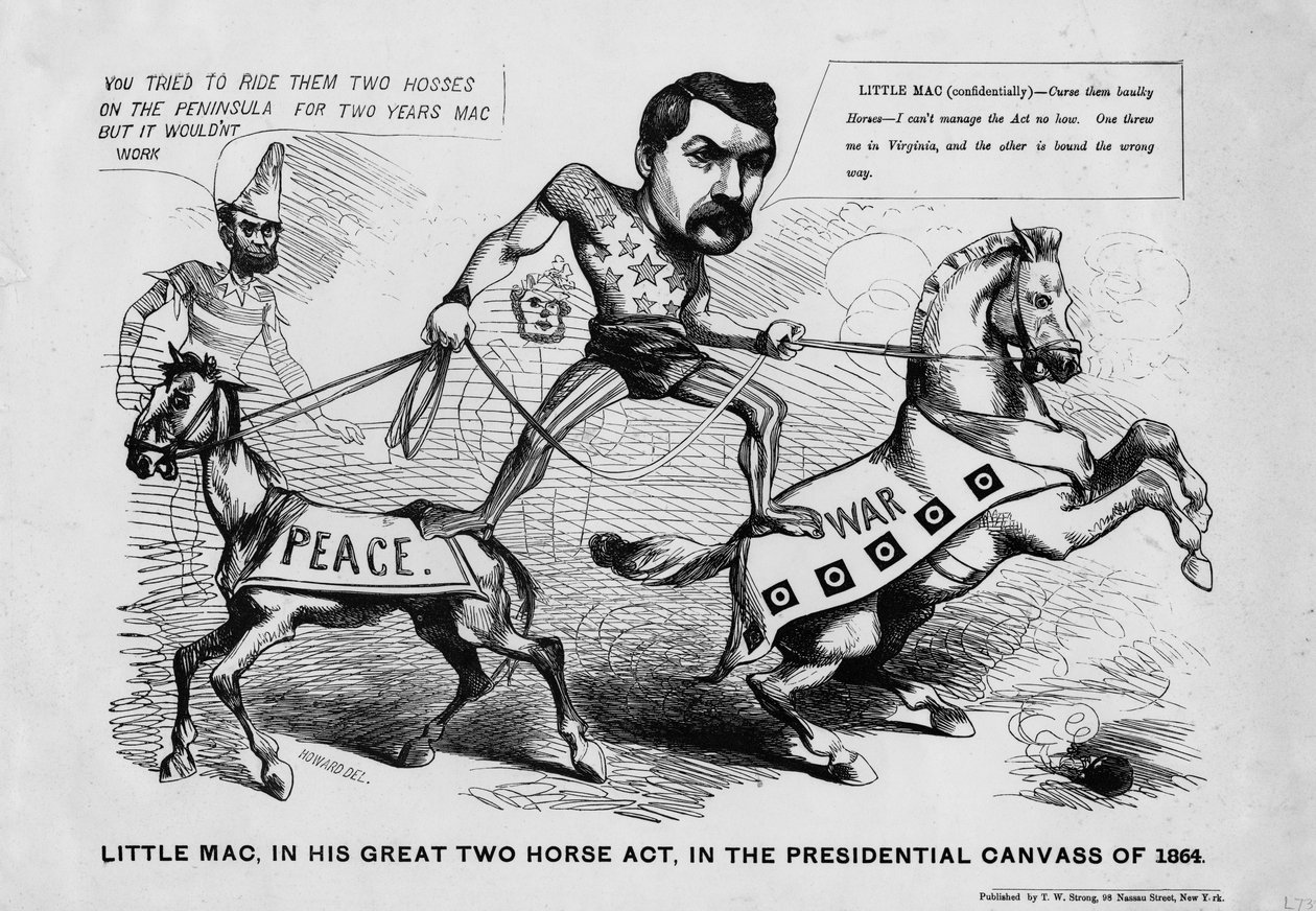 Little Mac, en su gran acto de dos caballos, en la campaña presidencial de 1864, publicado por T.W Strong, Nueva York, c.1864 de Justin Howard