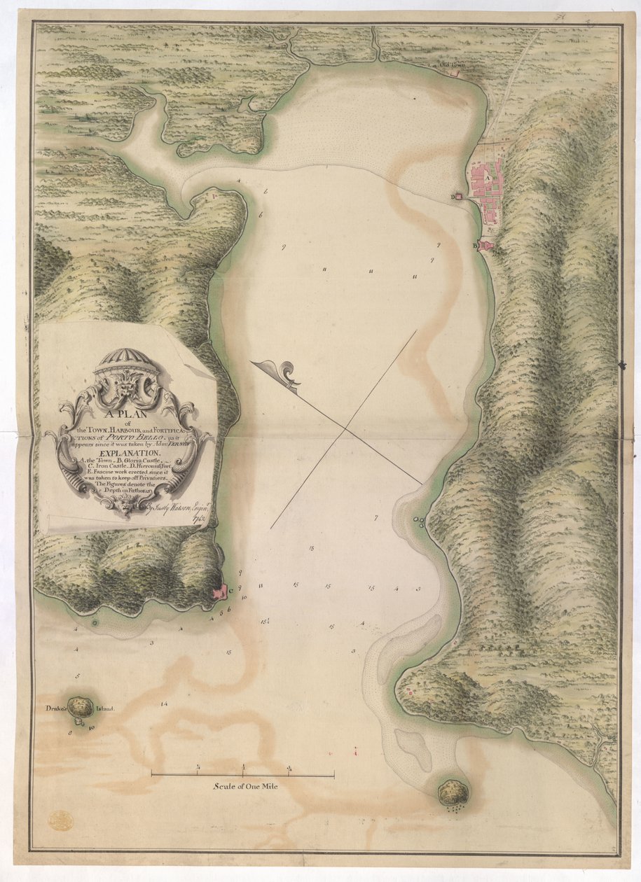 Plano de la CIUDAD. PUERTO y FORTIFICACIONES de PORTO BELLO. como aparece desde que fue tomado por Adm: VERNON / Por Justly Watson; Enginr: 1742. de Justly Watson