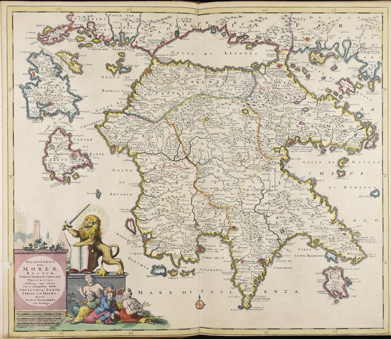 Peloponeso hoy Reino de Morea, dividido en todas sus provincias actuales y antiguas, incluyendo las islas Cefalonia, Zante, Cerigo y Santa Maura / autor Justus Danckerts de Justus Danckerts