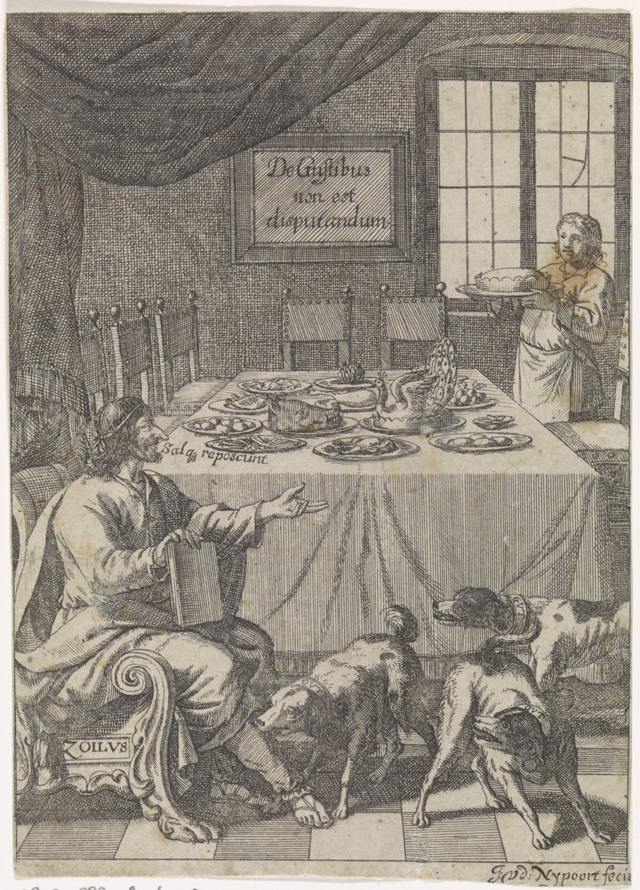 Zoilus está sentado en una mesa puesta De Gustibus non est disputandum (título sobre objeto) de Justus van den Nijpoort