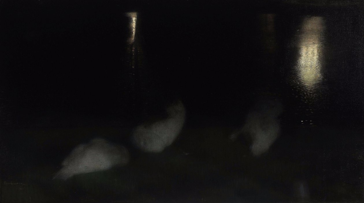 Nocturno. Cisnes en el Jardín Sajón en Varsovia por la noche de Jozef Pankiewicz