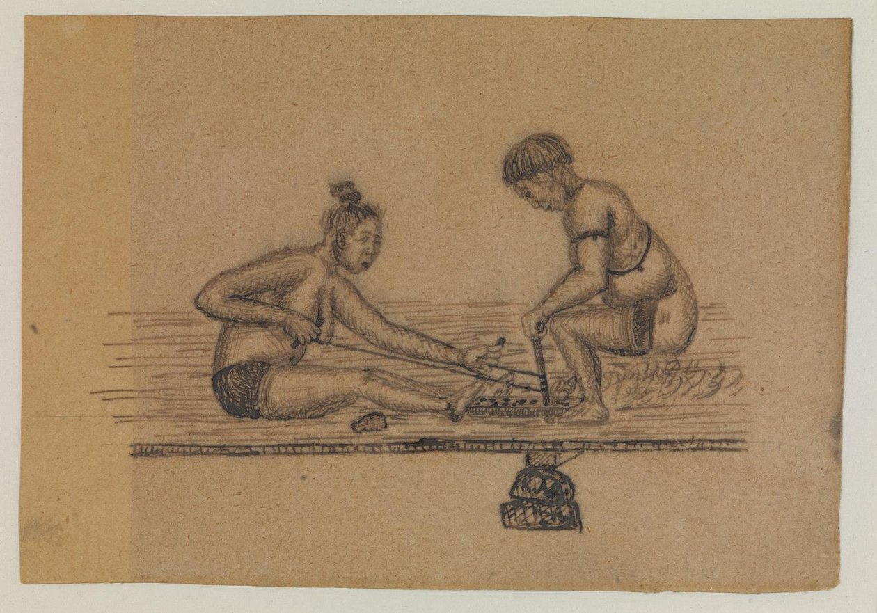 Ilustración para una leyenda inuit (dos personas desnudas haciendo fuego) de Kaarale Andreassen