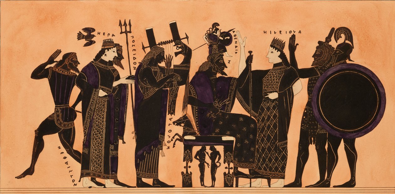 Impresión de la decoración en una ánfora griega, mostrando a Hefesto, Hera, Poseidón..., c. 1844 de Kaeppelin et Compagnie