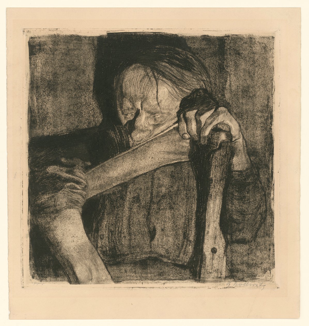 Durante la trilla (lámina 3 de «Bauernkrieg», 5.ª versión) de Käthe Kollwitz
