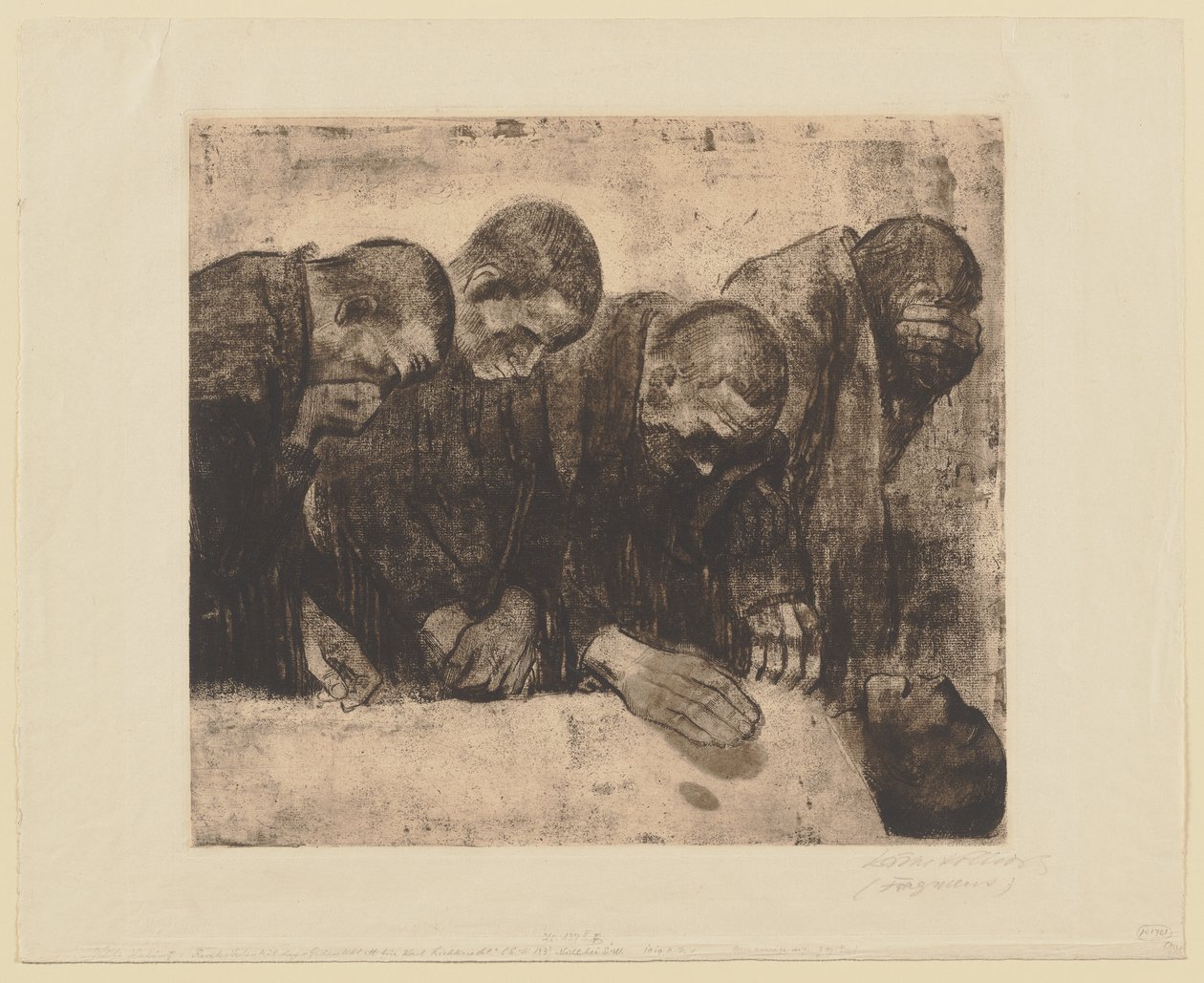 Las cuatro figuras a la derecha de la composición original «Hoja conmemorativa para Karl Liebknecht. Primera versión rechazada» de Käthe Kollwitz