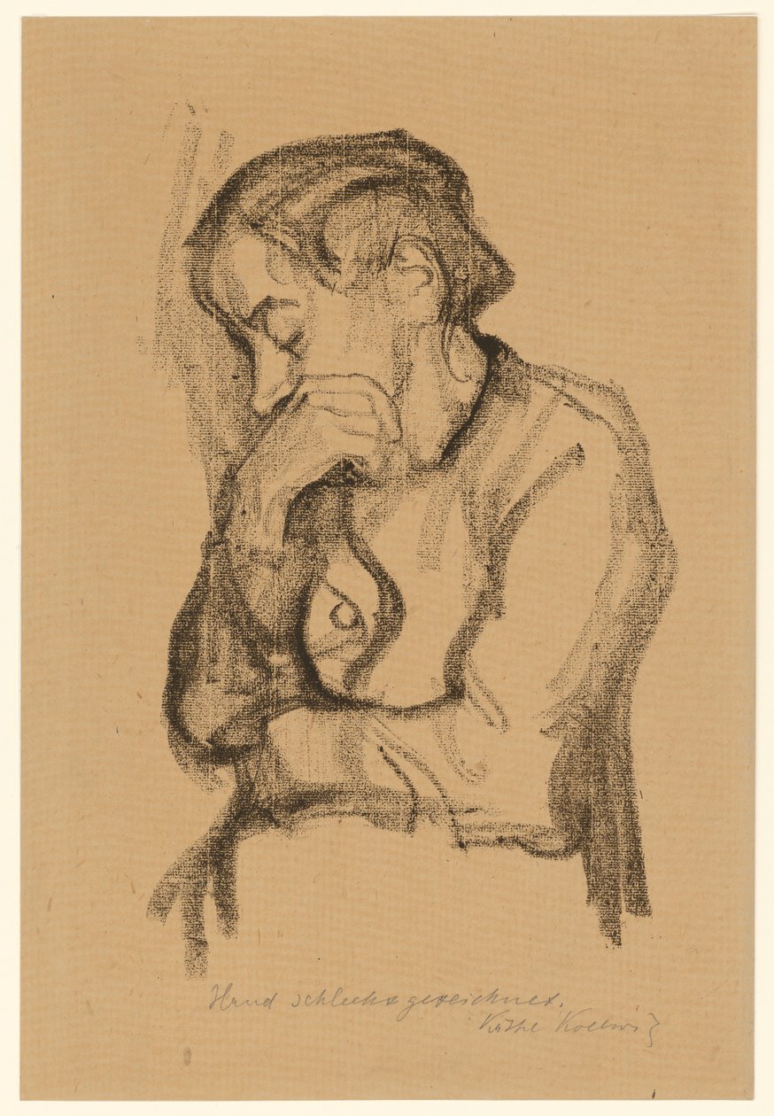 Figura de medio cuerpo de una mujer que se cubre la boca con la mano derecha de Käthe Kollwitz