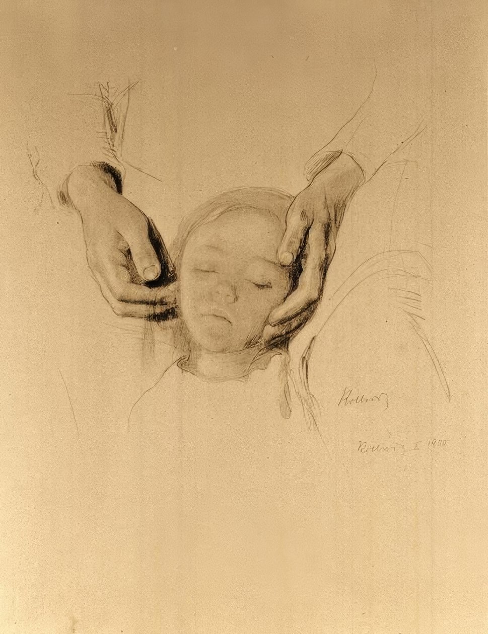 Cabeza de un niño en manos de Käthe Kollwitz