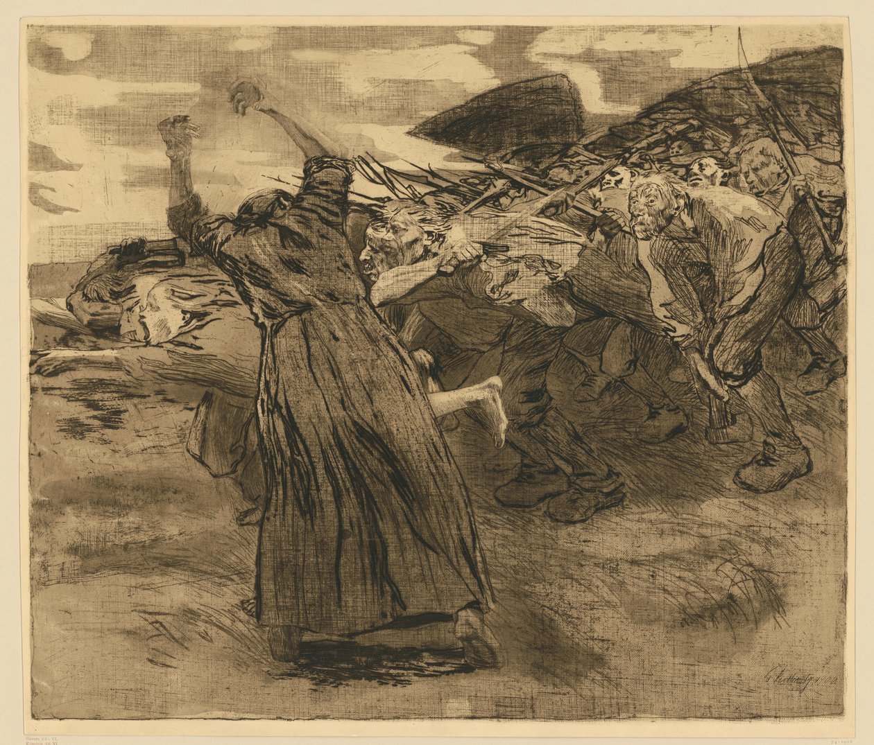 Estallido (lámina 5 de «Guerra de los campesinos», 6.º estado) de Käthe Kollwitz