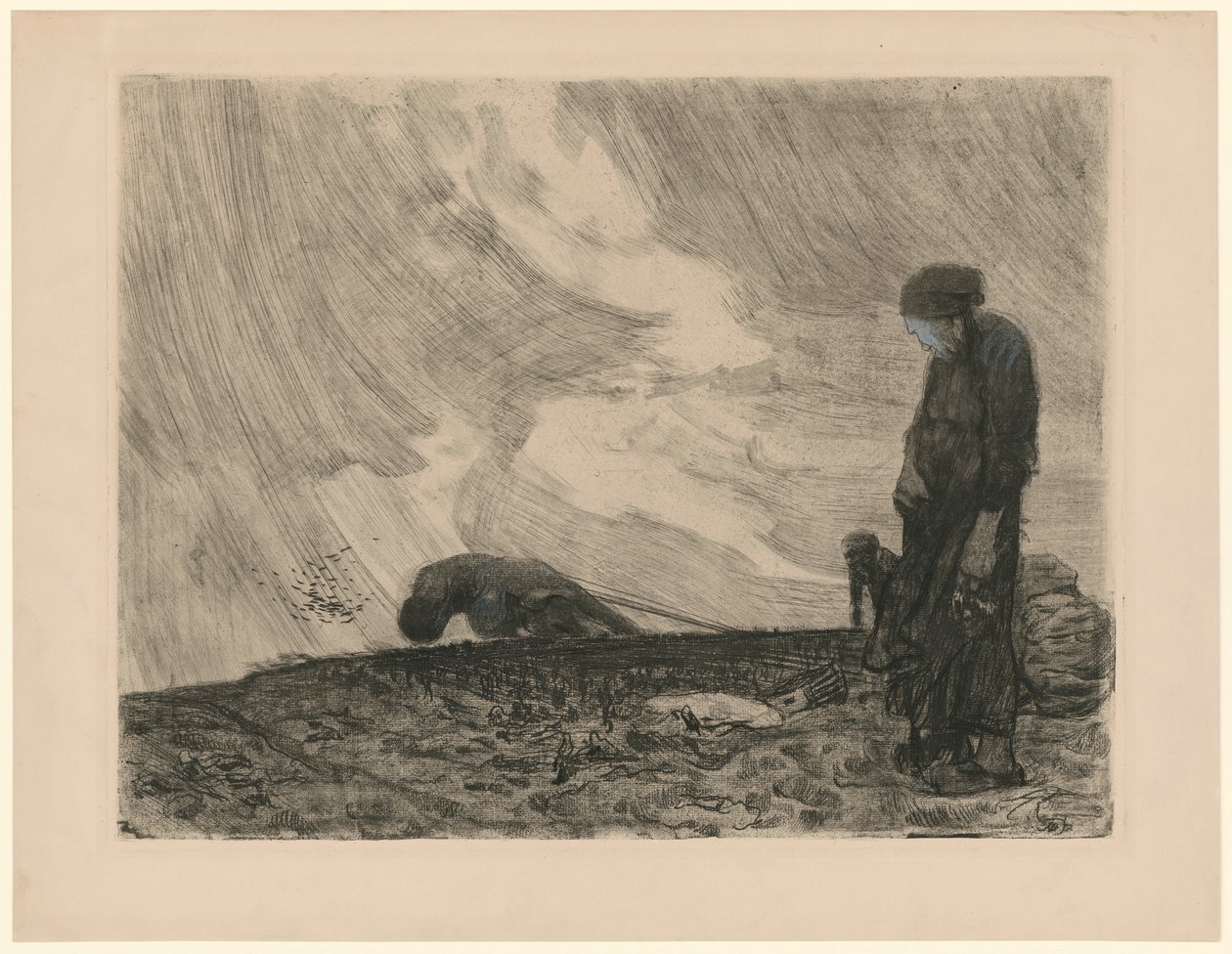Campesino arando con mujer de pie en primer plano (3.ª versión descartada para la lámina 1 de «Guerra de los campesinos», 6.º estado) de Käthe Kollwitz