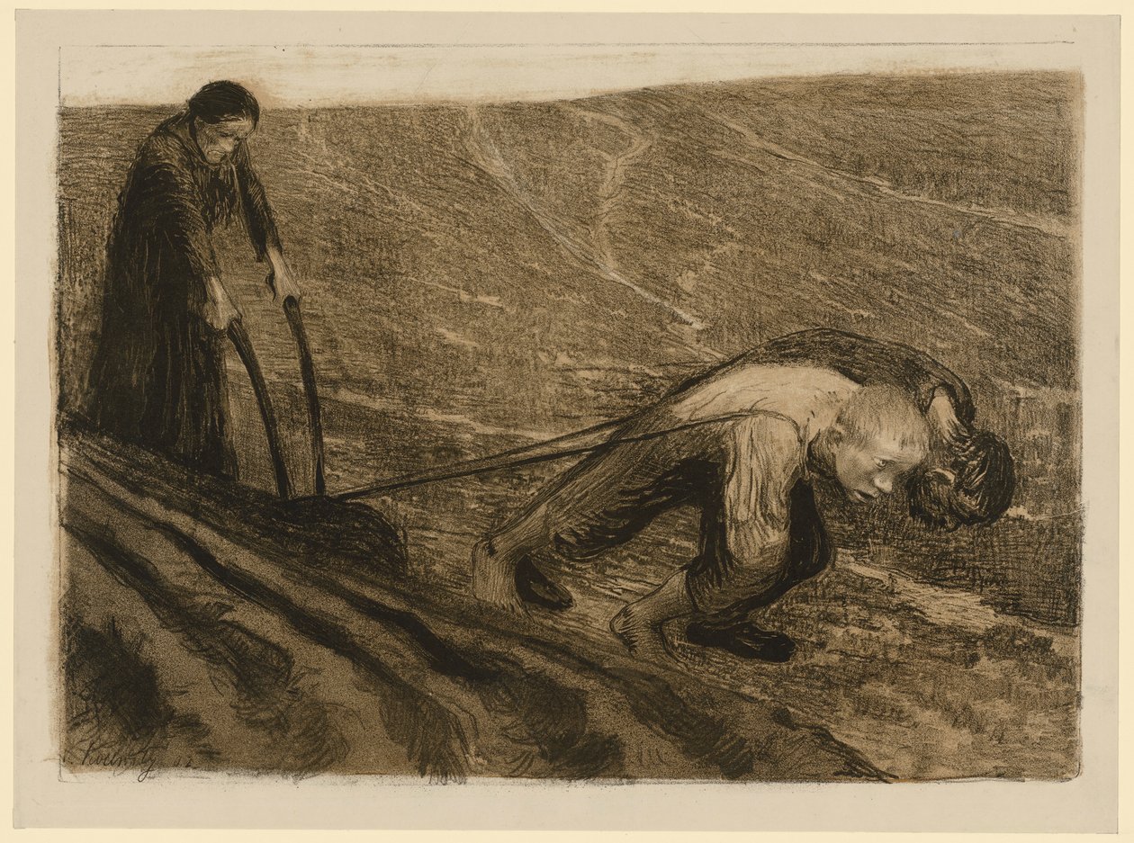 Tirador de arado y mujer (Versión descartada para la lámina 1 de « Guerra de los campesinos », 2.º estado) de Käthe Kollwitz