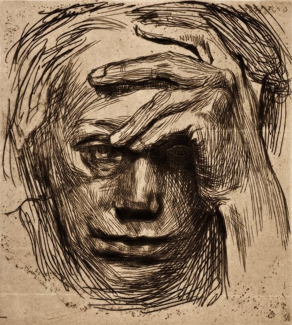 Autorretrato con la mano en la frente de Käthe Kollwitz
