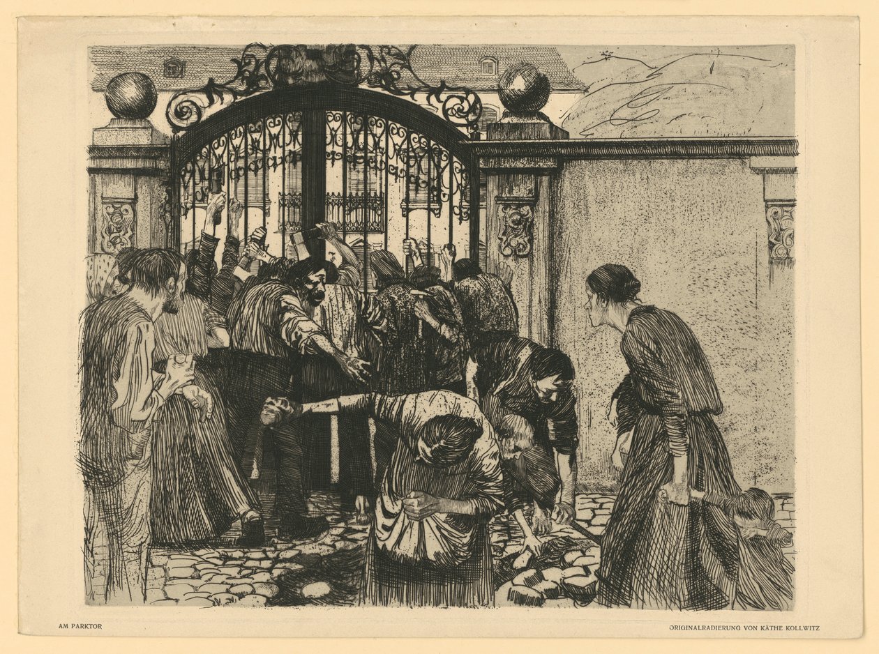 Tormenta [En la puerta del parque] (Lámina 5 de « Una revuelta de tejedores », 2.º estado) de Käthe Kollwitz