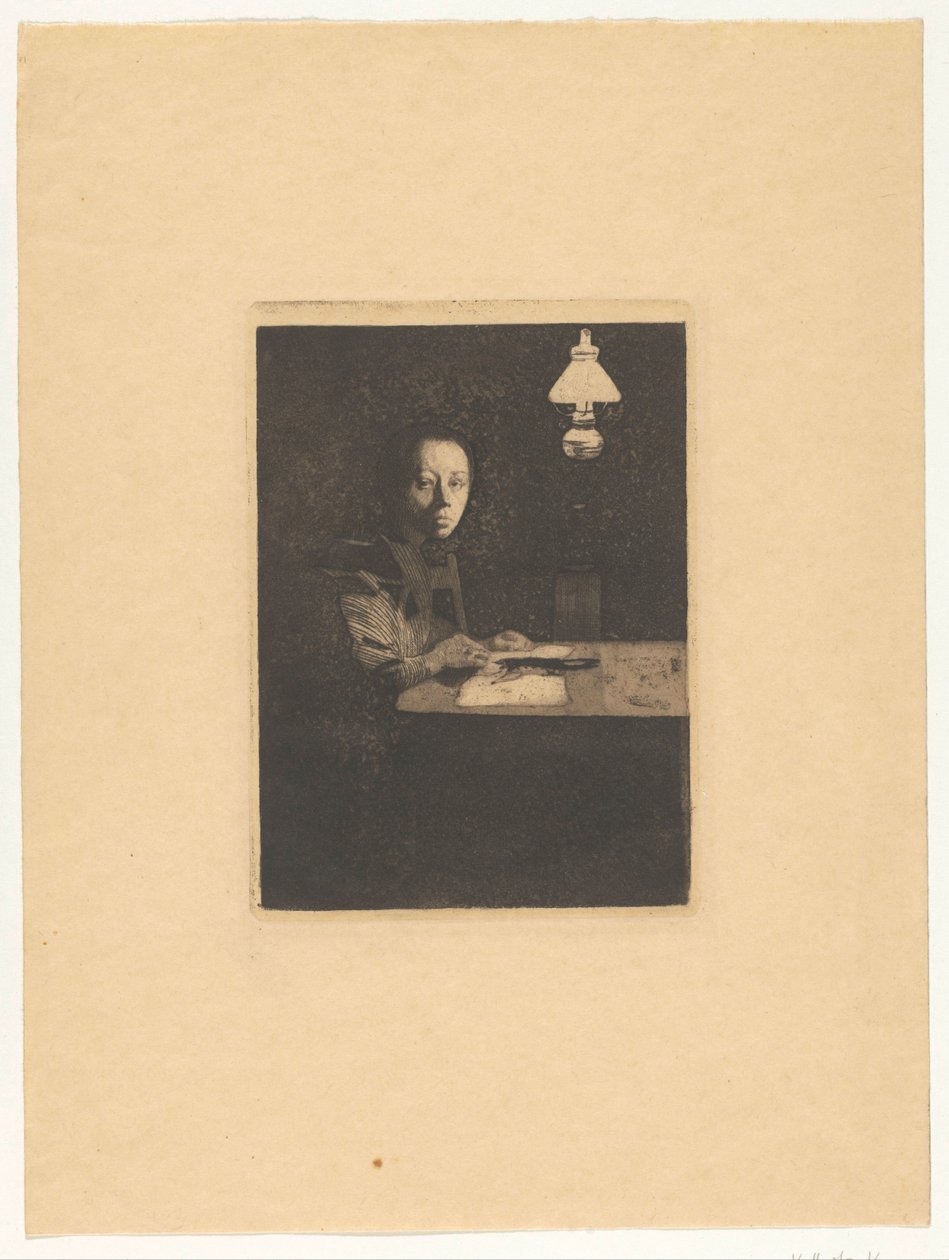 Retrato de una celda sobre la mesa. Autorretrato en la mesa (título original) de Käthe Kollwitz