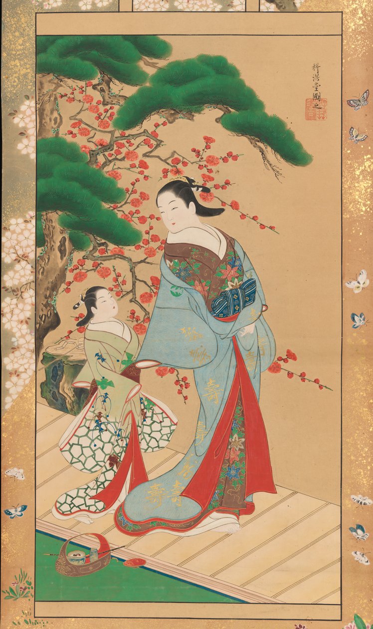 Cortesana y asistente en primavera temprana, principios del siglo XVIII de Kakondo