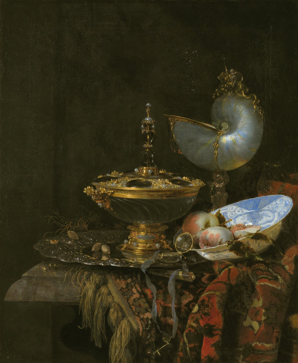 Bodegón con tazón de Holbein, copa de nautilus, copa de vidrio y plato de frutas de Kalf