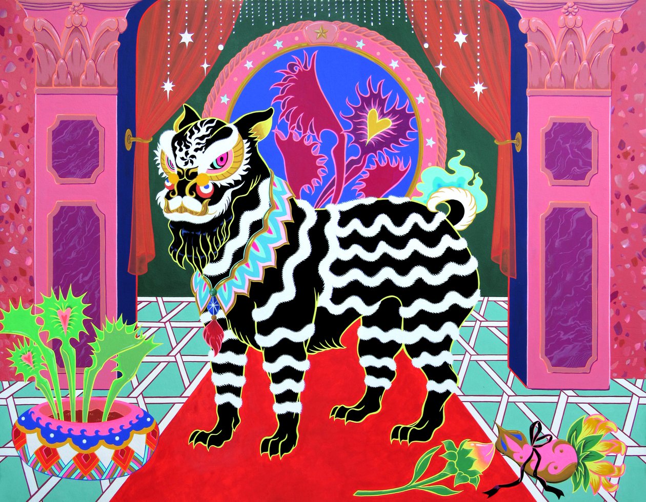 León negro Cinta negra, 2021 (acrílico sobre panel) de Kam Tsz