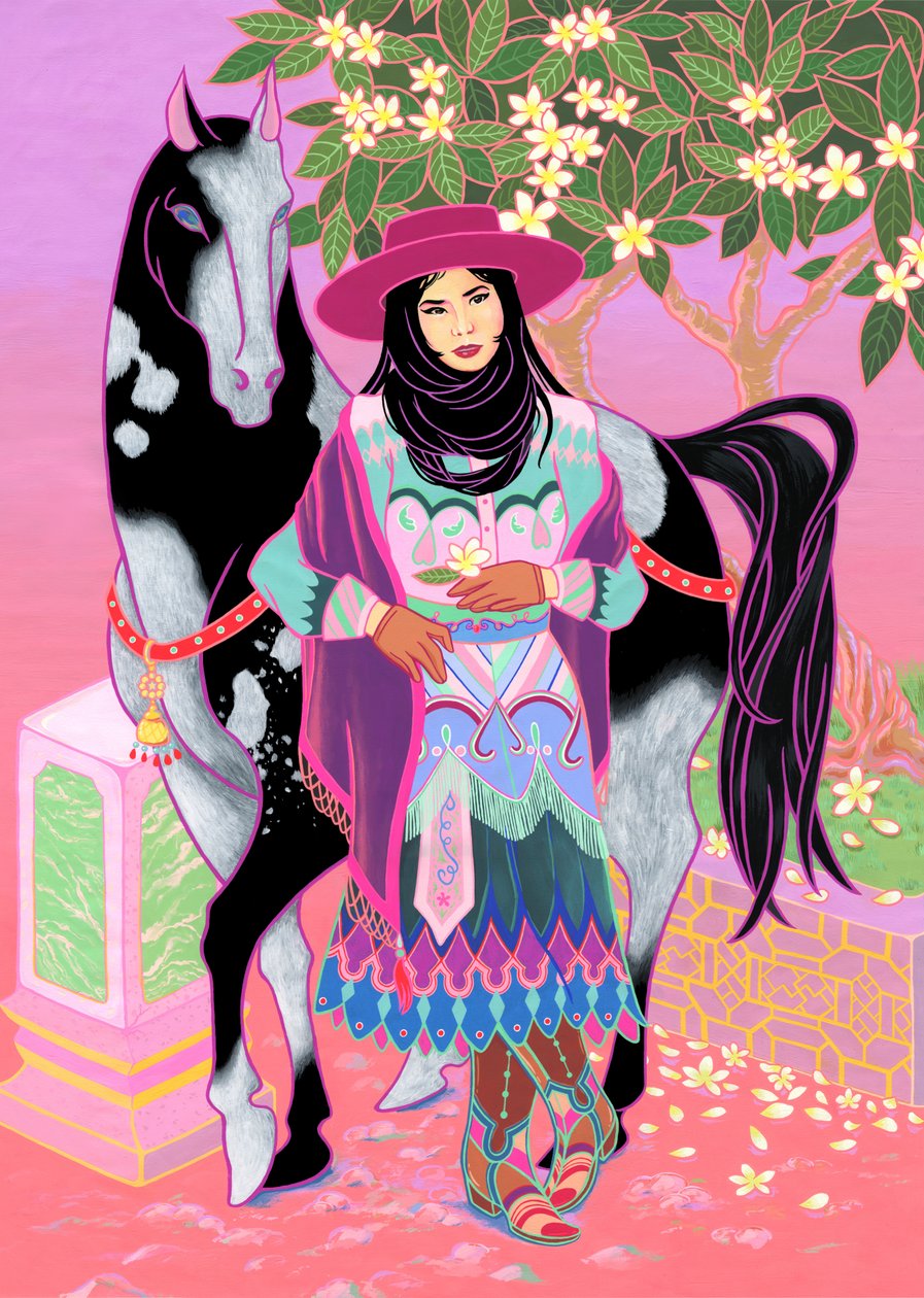 Cantones Cowgirl Waiting Under Plumeria, 2020 (acrílico sobre algodón) de Kam Tsz