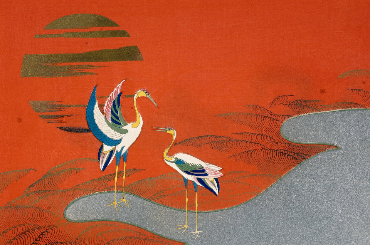 Aves al atardecer en el lago de Kamisaka Sekka