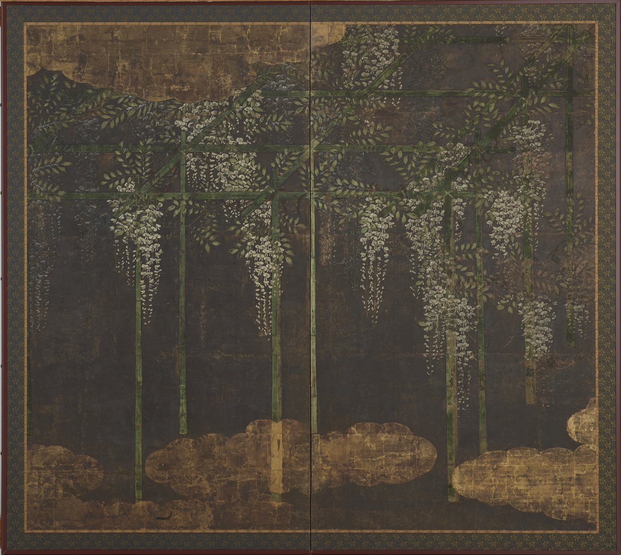 Glicinas florecientes en un enrejado de bambú, siglo XVI-XVII de Kano Eitoku
