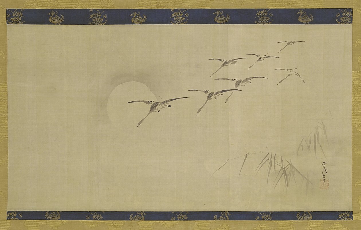 Gansos, luna y plantas acuáticas, período Edo, mediados del siglo XVII-principios del siglo XVIII de Kano Tsunenobu