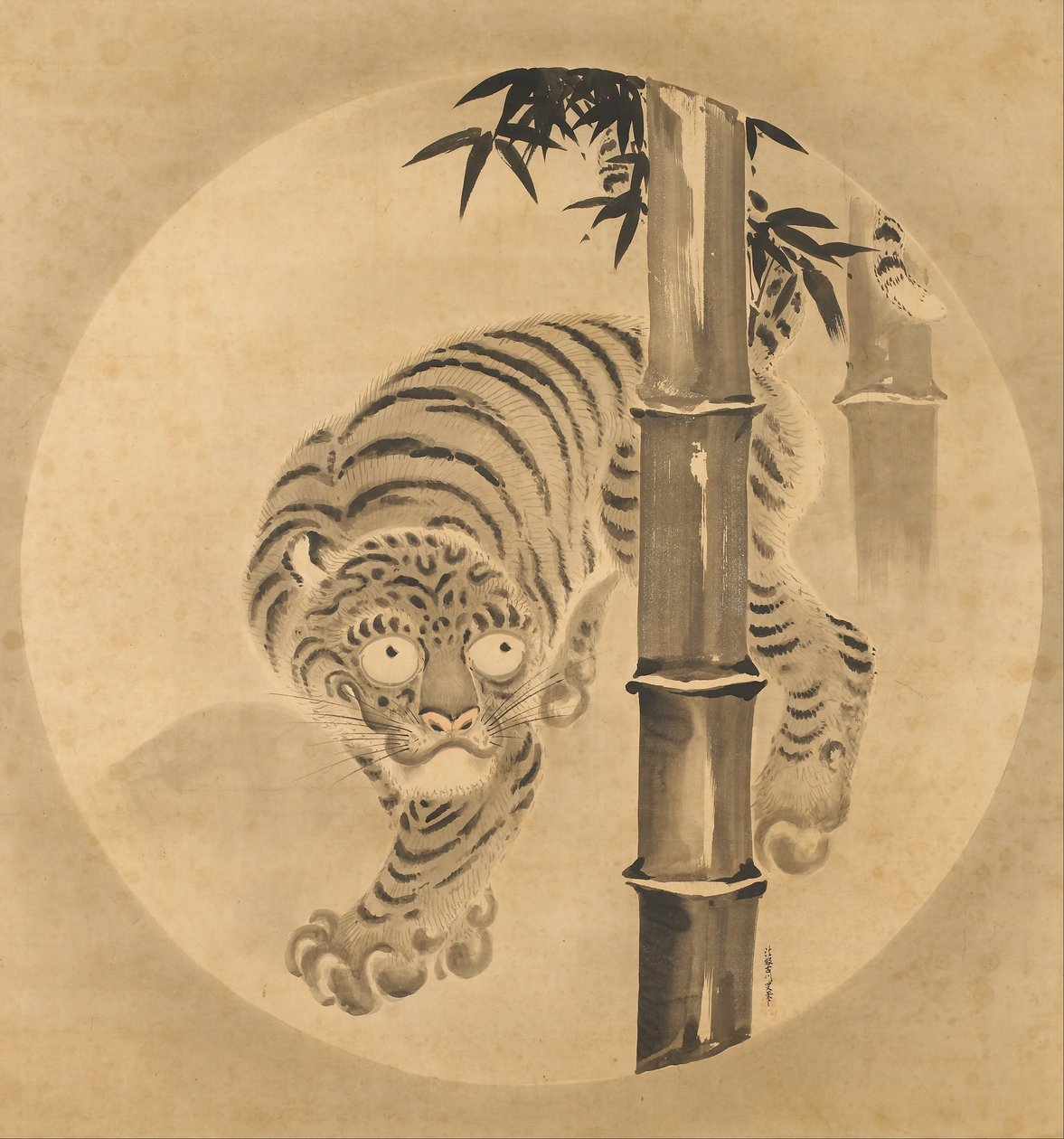 Tigre emergiendo del bambú de Kano Tsunenobu