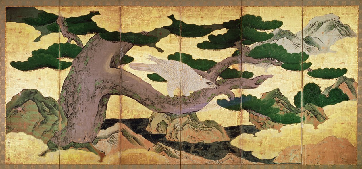 Los Halcones en los Pinos, pantalla plegable de 6 paneles de Kano Eitoku