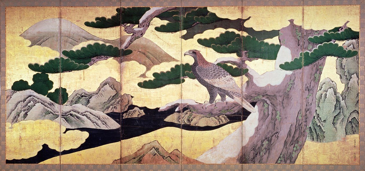 Los Halcones en los Pinos, pantalla plegable de 6 paneles (tinta y color, oro sobre panel) de Kano Eitoku
