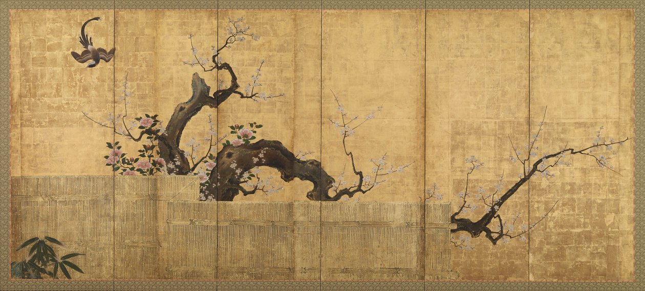 Ciruela y camelia en flor en un paisaje de jardín, período Edo, finales del siglo XVI-principios del XVII de Kano Koi