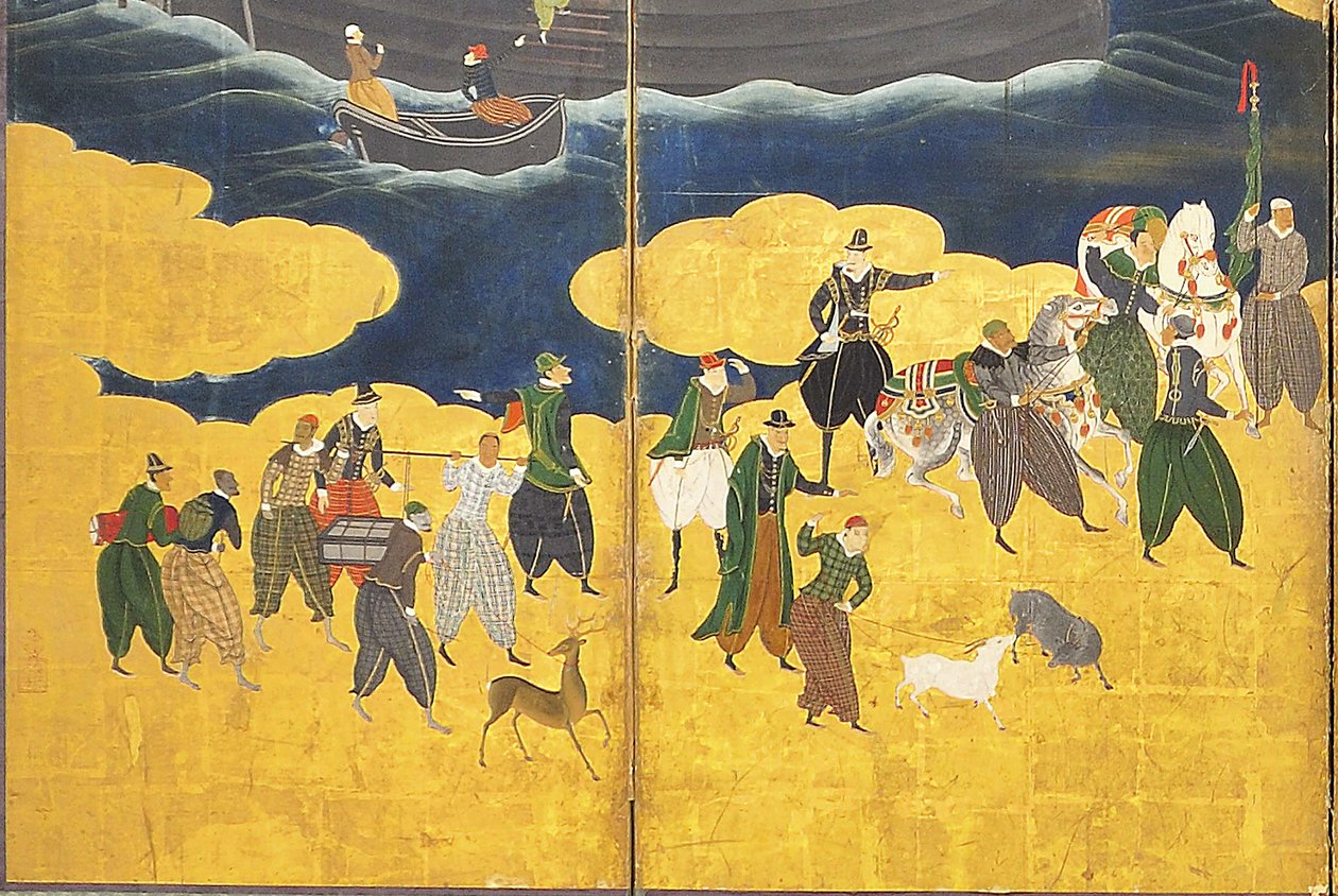 (detalle) de los bárbaros del sur vienen a comerciar, par de pantallas de seis paneles, principios del siglo XVII de Kano Naizen
