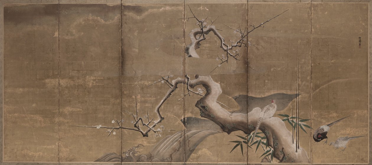Escena de invierno con ciruelos y faisanes (Izquierda de pájaros) de Kano Naonobu