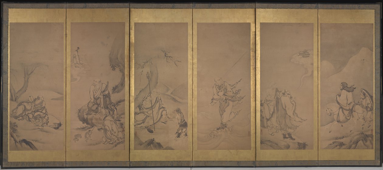 Patriarcas budistas, daoístas y confucianos (tinta y pan de oro sobre papel) de Kano Sanraku