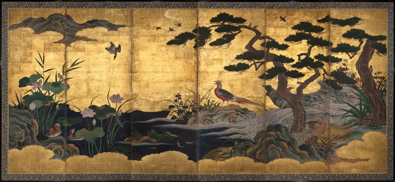 Pájaros y flores, finales del siglo XVI (tinta, color, pan de oro y moteado de oro sobre papel) de Kano Shoei (attr.to)